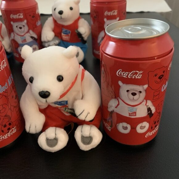 Set of 6 Coca-Cola Athens Olympics 2004 Bean Bag Plush Polar Bears in Coke Cans - Picture 4 of 14